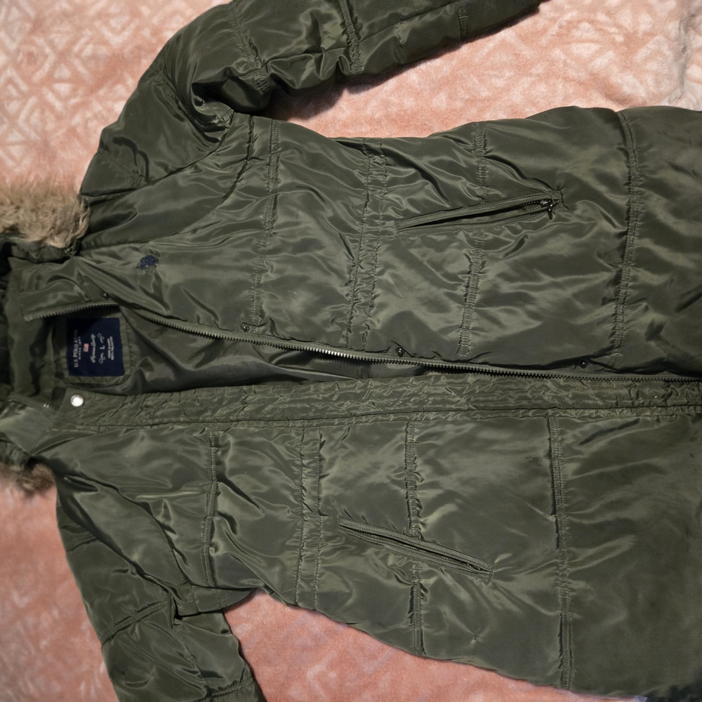 Olive Green Puffer Jacket with Faux Fur Hood